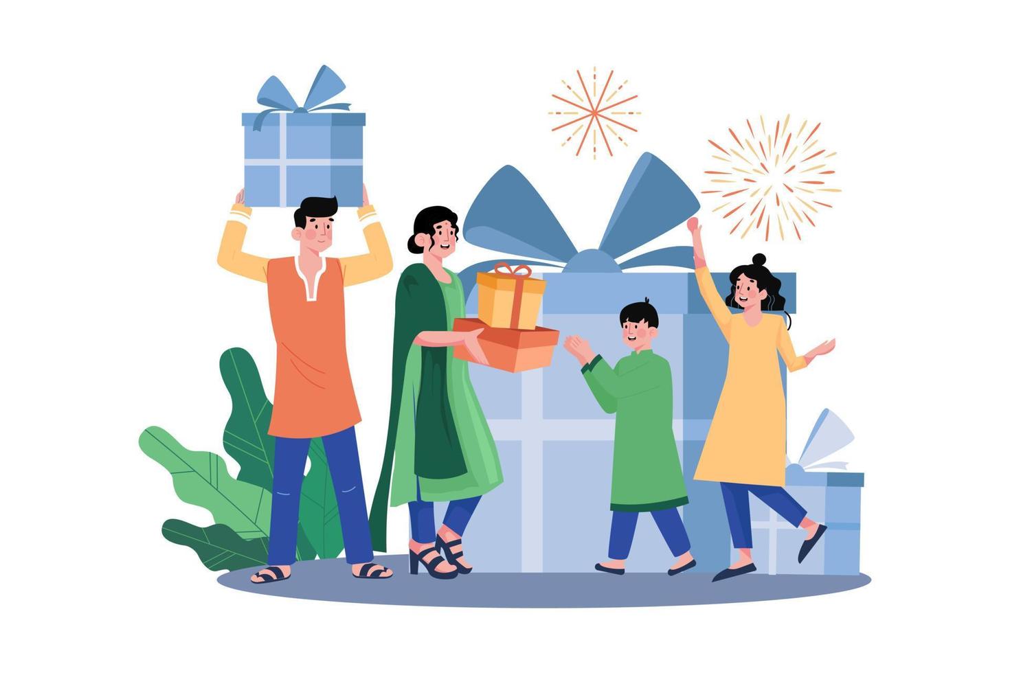 indio personas dar regalos juntos en diwali festival vector