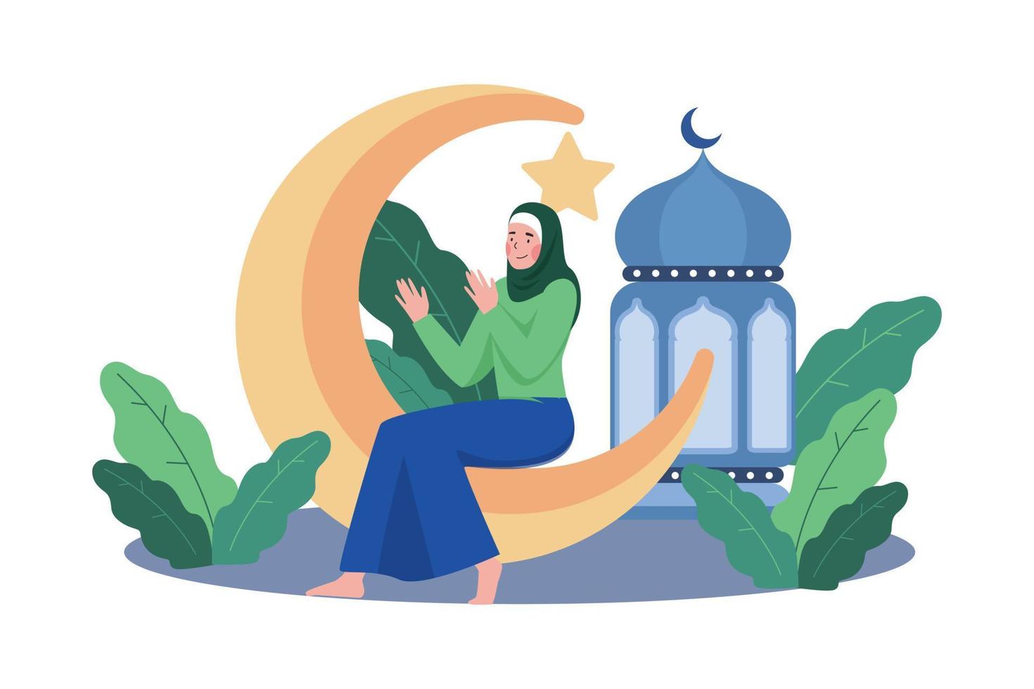 Muslim Woman Pray On Night Ramadan vector