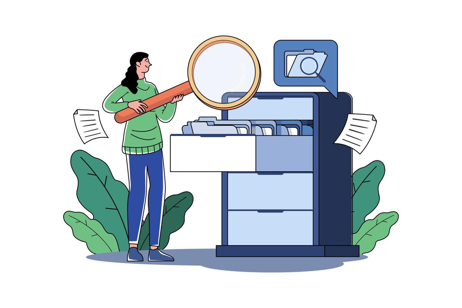 Female Manager Holding A Magnifying Glass And Looking For Documents In The Cabinet vector