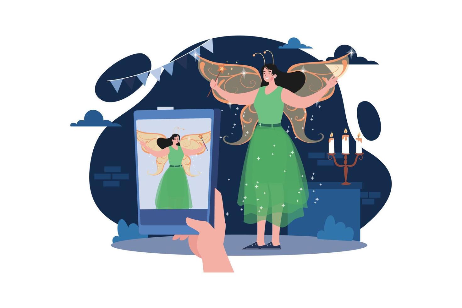 Woman Taking A Selfie With Fairy Cosplay On Halloween vector