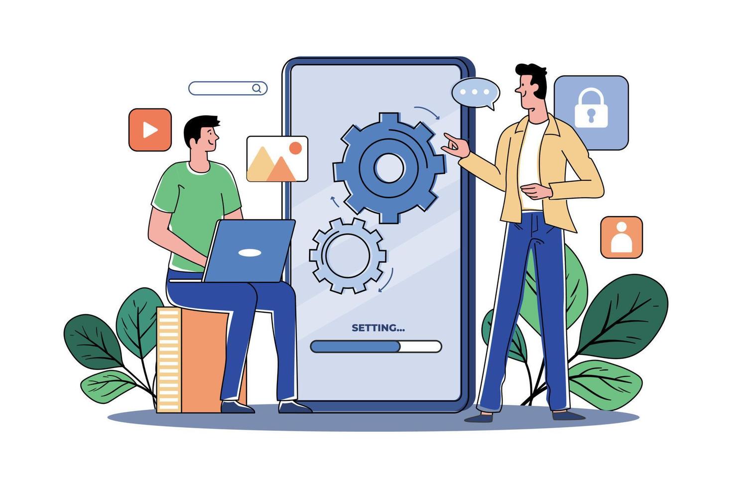 Two Guys Are Setting Up The Application Logic vector