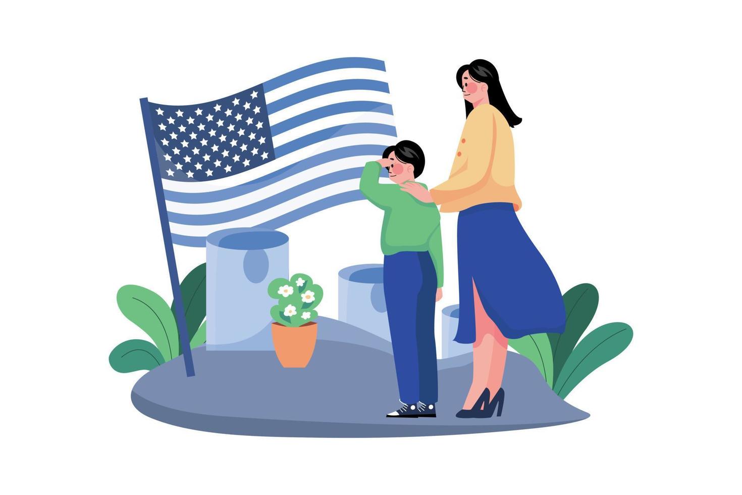 The Boy And Mother Visit The Grave Of His Father Who Is A Veteran vector