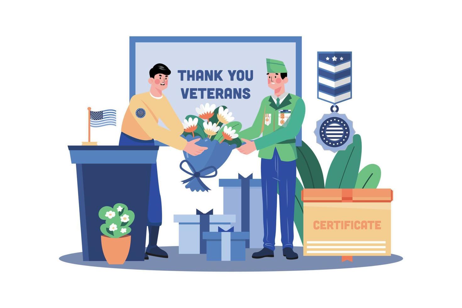 Military Officer Present Award Certificates To Veterans Of Service vector