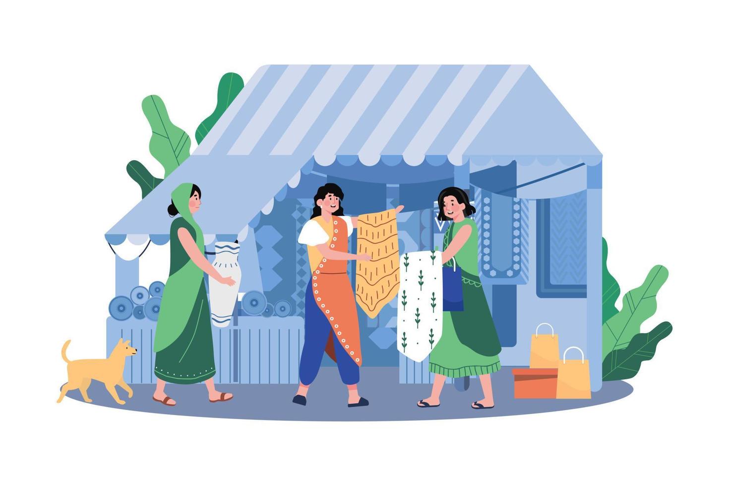Indian Ladies Selling Traditional Fabrics Diwali Festival At The Sari And Jewelry Clothes vector