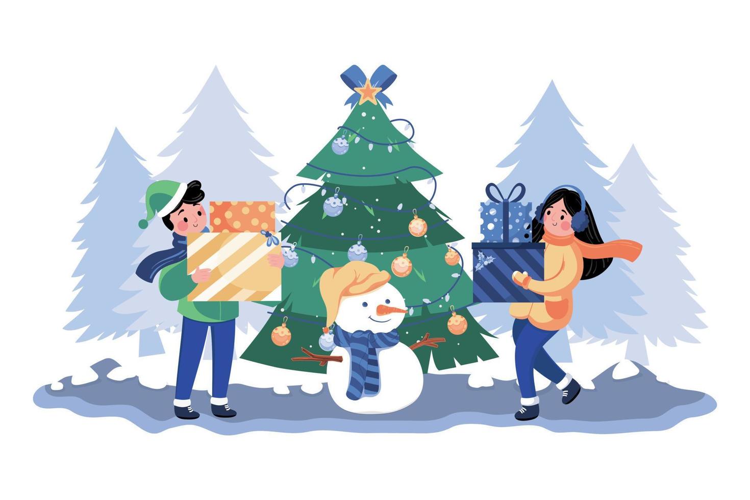 Children Playing Snowman Together Outdoors vector