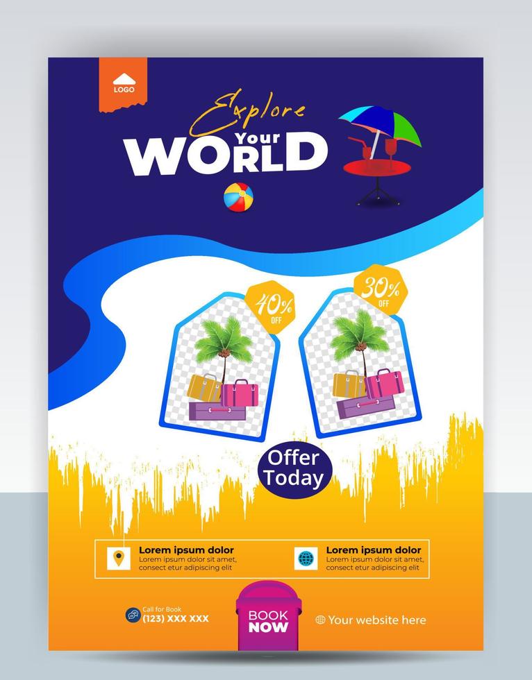 Modern company tours travel flyer design. Summer Holiday Tourism Brochure Template. Flyer Design Set with Beach View. tourism color a4 print ready tour flyer, Holiday Poster. World Adventure template. vector