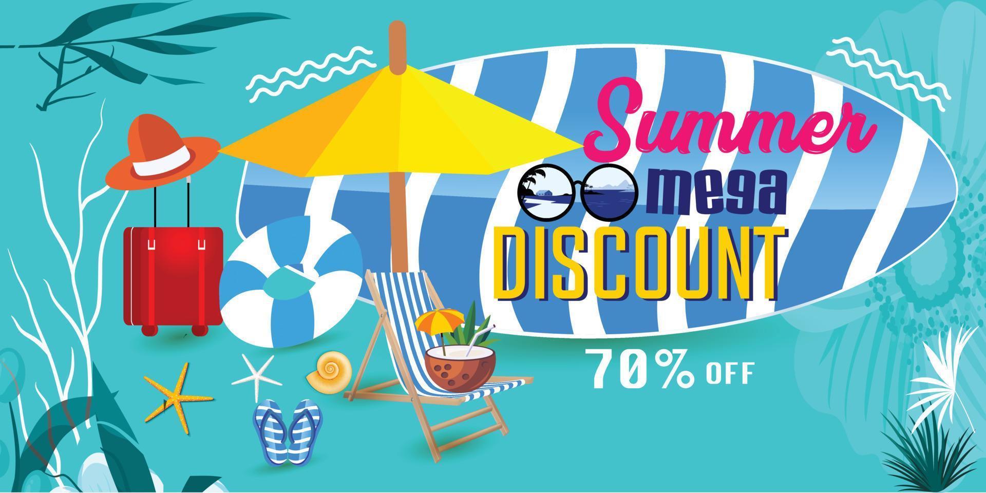 Summer sale banner template promotion with product 3d Product display. Hello summer holiday beach horizontal banner. Hi Summer vacation Discount travel poster. Colorful tropical sea beach Landscape. vector