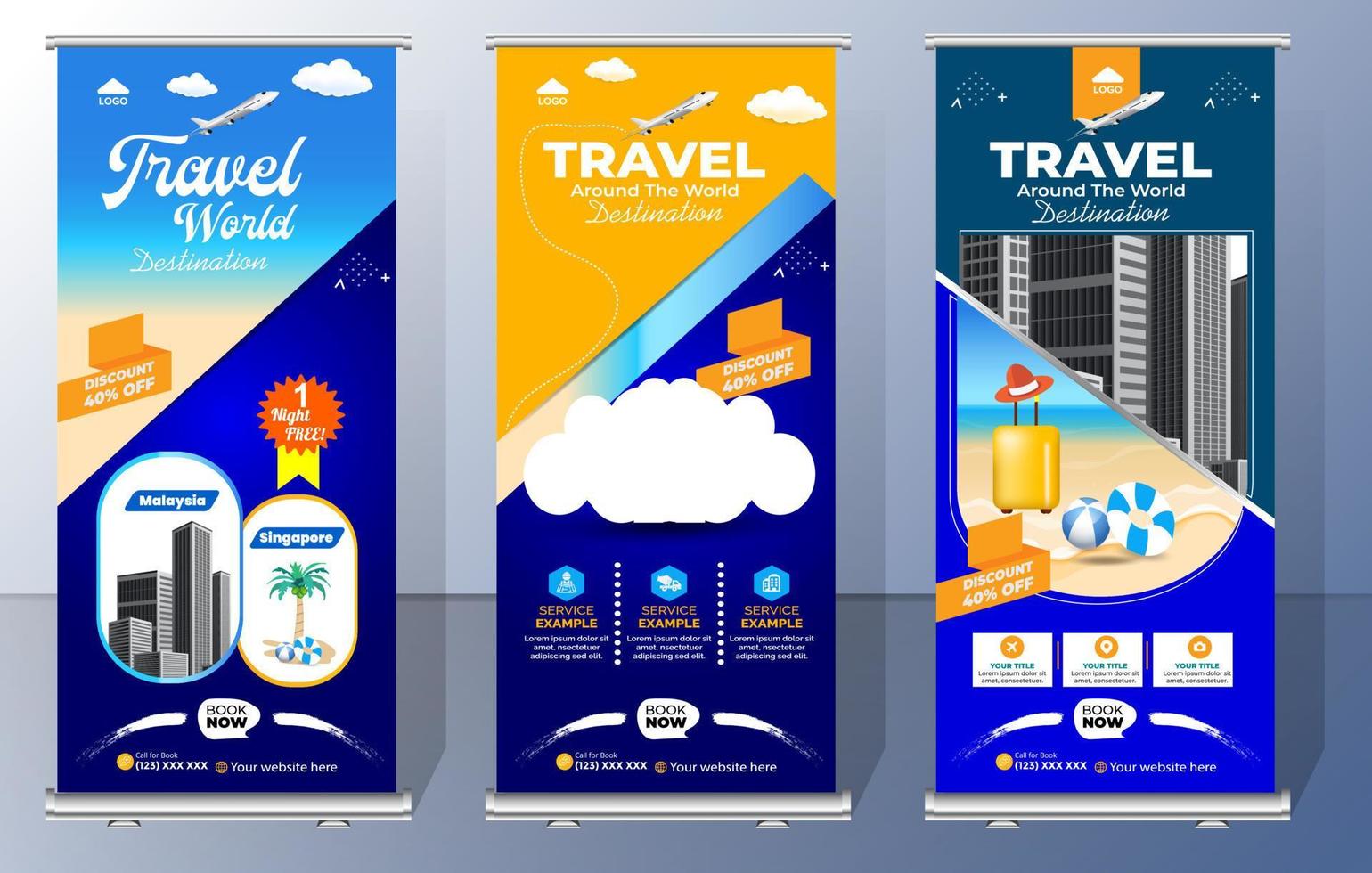 Travel Business agency Roll Up Template. Truism Standee Design Banner. Corporate digital Roll Up Banner. Vector x Banner, Holiday x-stand Banner. Company Tours Vacation exhibition display template.