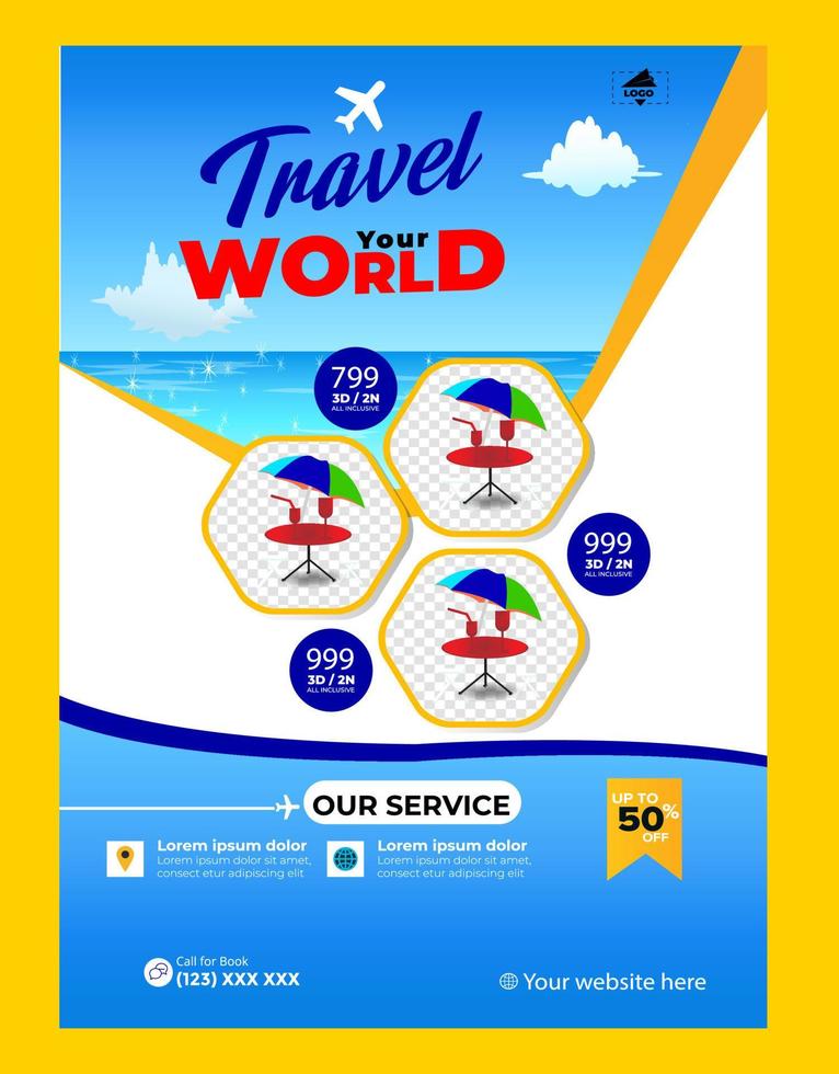 Modern company tours travel flyer design. Summer Holiday Tourism Brochure Template. Flyer Design Set with Beach View. tourism color a4 print ready tour flyer, Holiday Poster. World Adventure template. vector