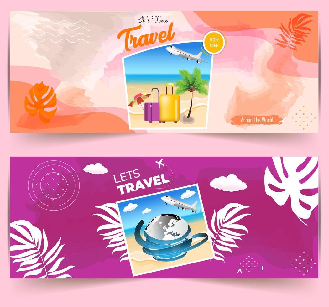 Modern World tours Banner design. company Holiday Adventure Template. Travel agency World Holiday Poster. Vacation Discount template. Travel and tour social media cover or web banner. vector