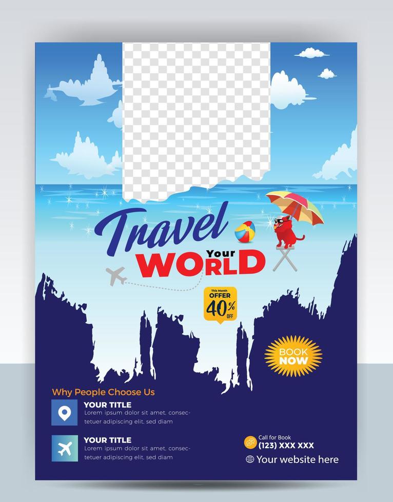 Modern company tours travel flyer design. Summer Holiday Tourism Brochure Template. Flyer Design Set with Beach View. tourism color a4 print ready tour flyer, Holiday Poster. World Adventure template. vector