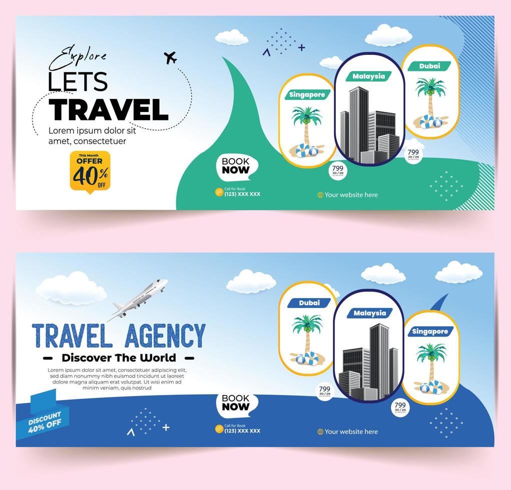 Modern World tours Banner design. company Holiday Adventure Template. Travel agency World Holiday Poster. Vacation Discount template. Travel and tour social media cover or web banner. vector