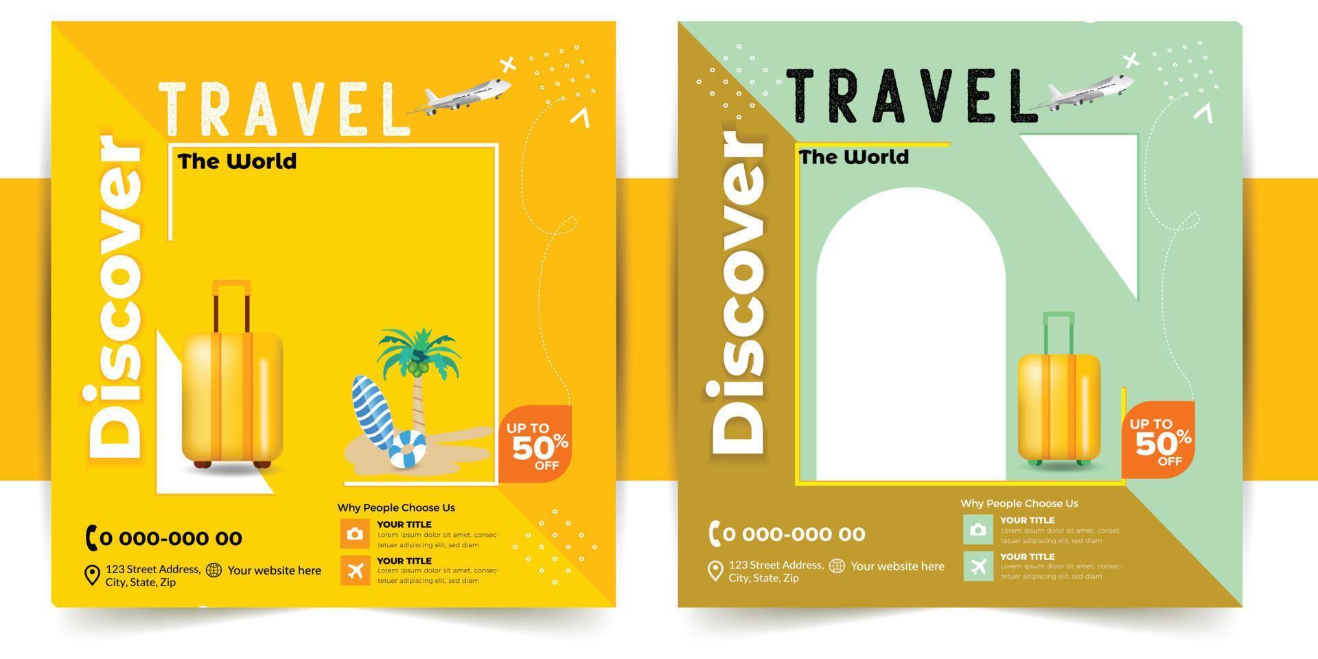 Social media Travel and tours ad design. Enjoy Holiday Adventure Template. social media post template. Travel agency Poster. Truism Vacation Discount Banner. vector