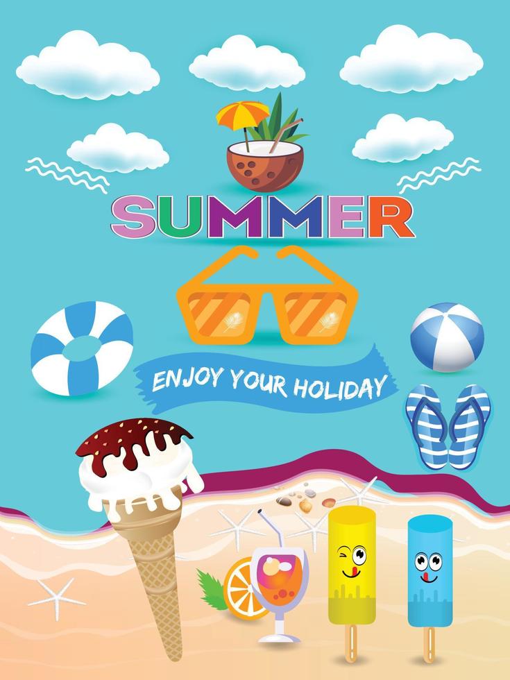 Summer sale banner template promotion with product 3d Product display. Hello summer holiday beach horizontal banner. Hi Summer vacation Discount travel poster. Colorful tropical sea beach Landscape. vector