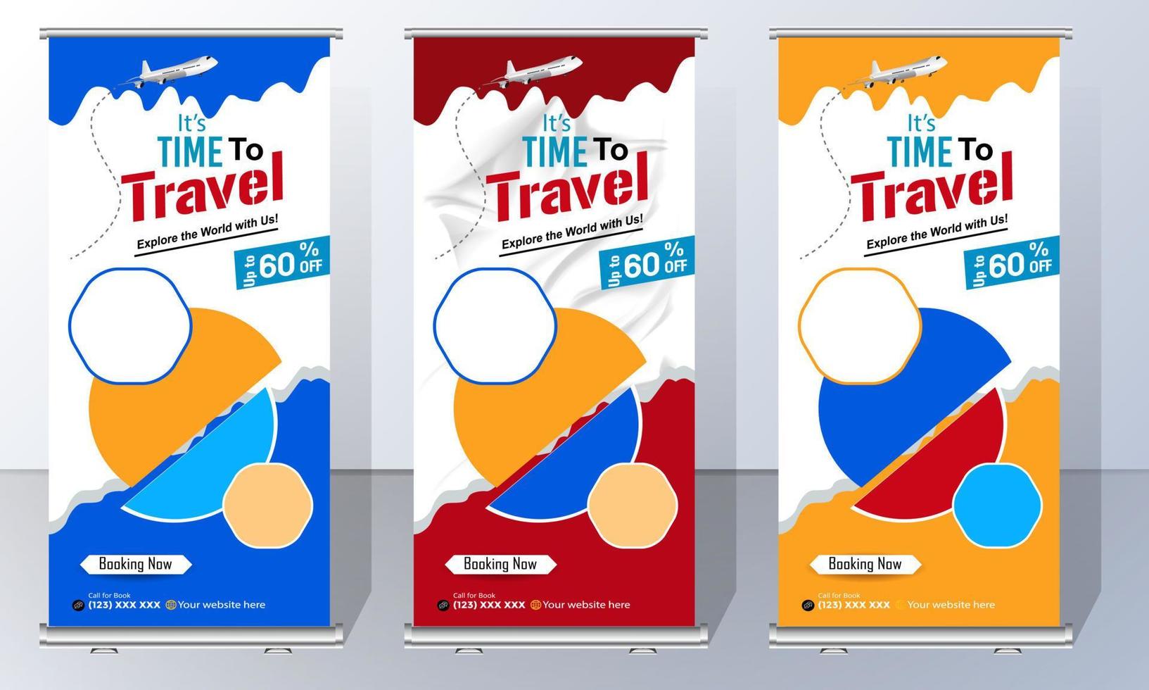 Travel Business Roll Up banner. Truism Standee Design Banner. Corporate digital Roll Up Banner. Vector x Banner, Holiday x-stand Banner. Company Tours Vacation exhibition display template.