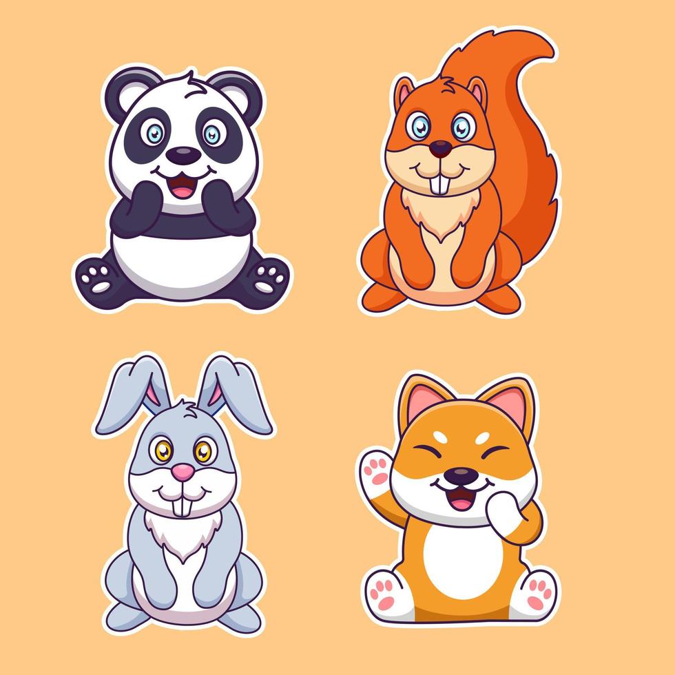 Panda, Squirrel, Shiba inu, Rabbit cartoon sticker collection vector
