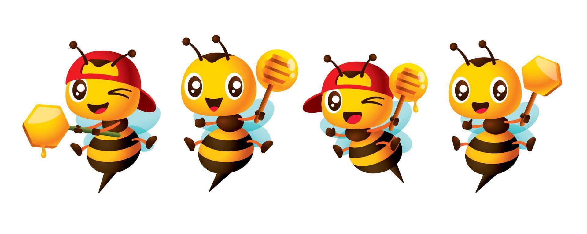 Cartoon cute bee holding honey dipper and honeycomb mascot set. Cartoon honey bee wearing red cap. Collection vector illustration