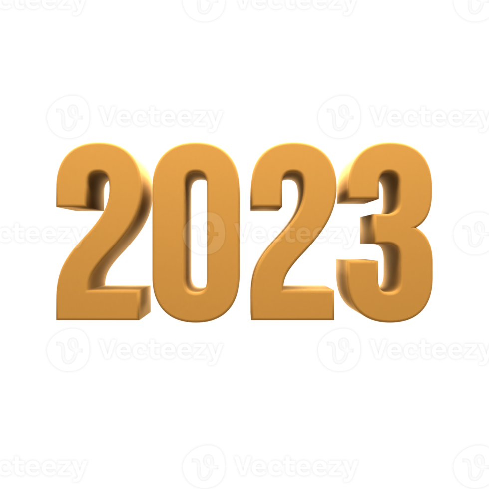 2023 Text Nummer 3d Gold Farbe im transparent Hintergrund. png . 3d Illustration Rendern