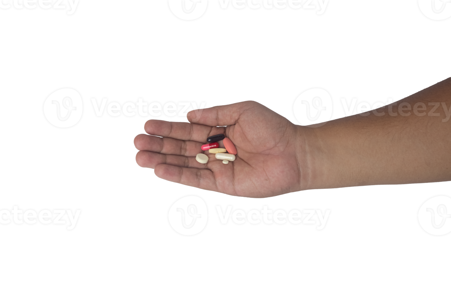 different types of medicine like capsules, tablets, pills in the palm of an asian man's hand, medical and healthcare concept png