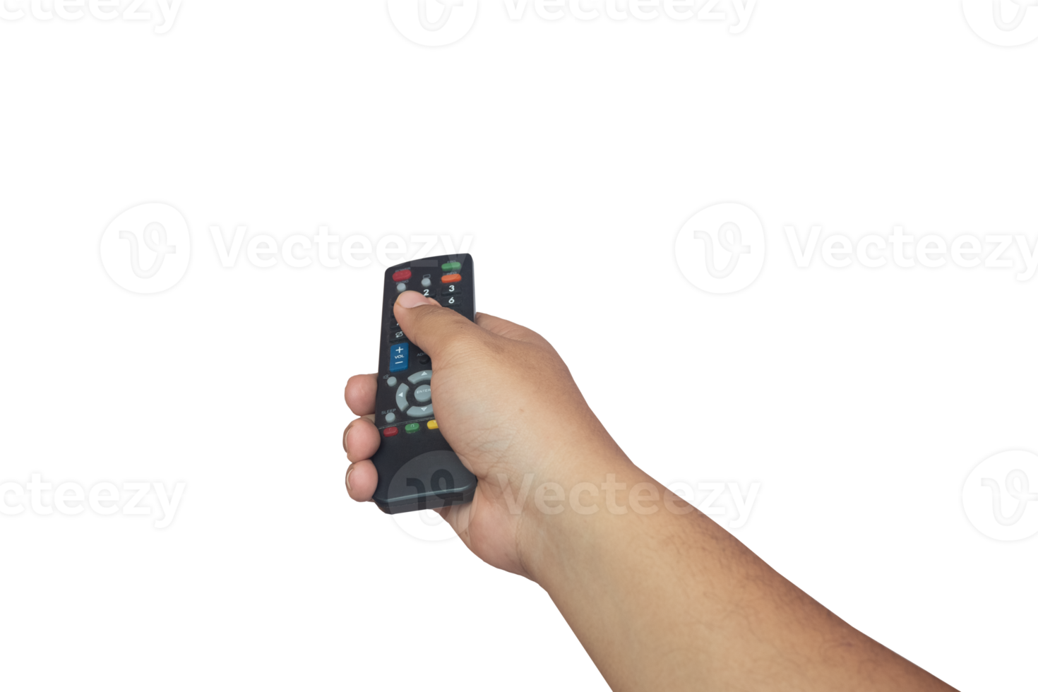 Asian man's hand holding television remote control png