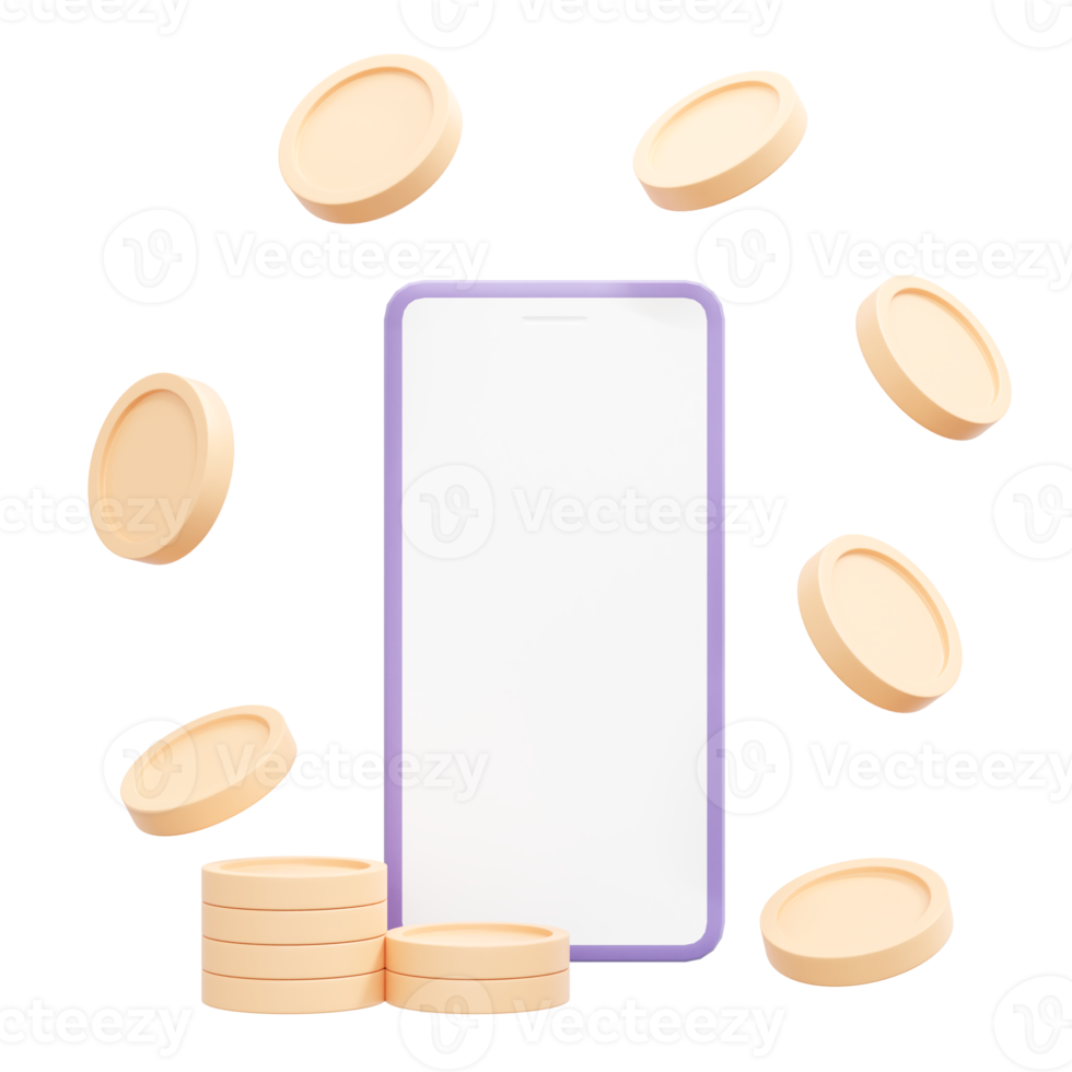 3d rendering of coins and phone concept of financial money application online. 3d illustration cartoon style. png