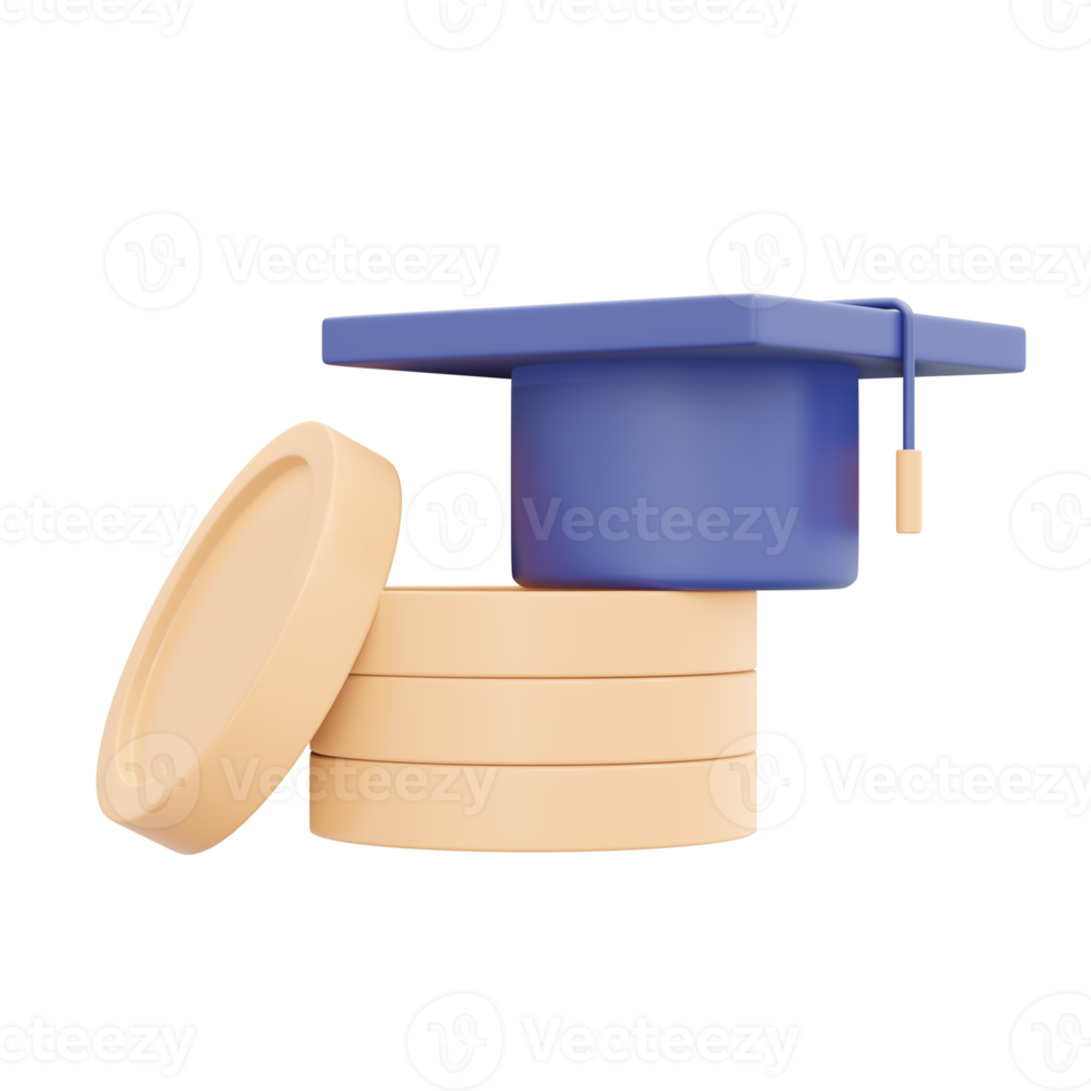 3d representación de apilar de moneda y graduación sombrero icono concepto de financiero para estudiar. 3d ilustración dibujos animados estilo. png