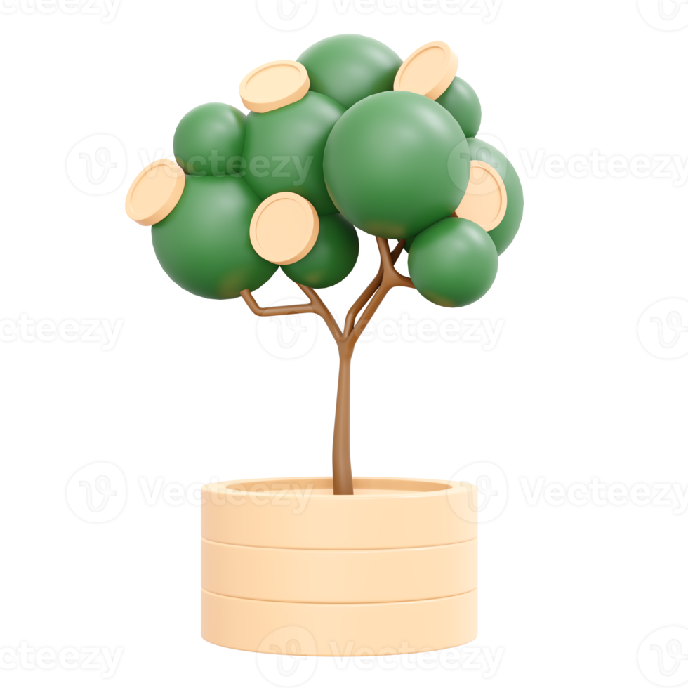 3d le rendu de empiler de pièce de monnaie et argent arbre concept de économie l'intérêt et investissement. 3d illustration dessin animé style. png