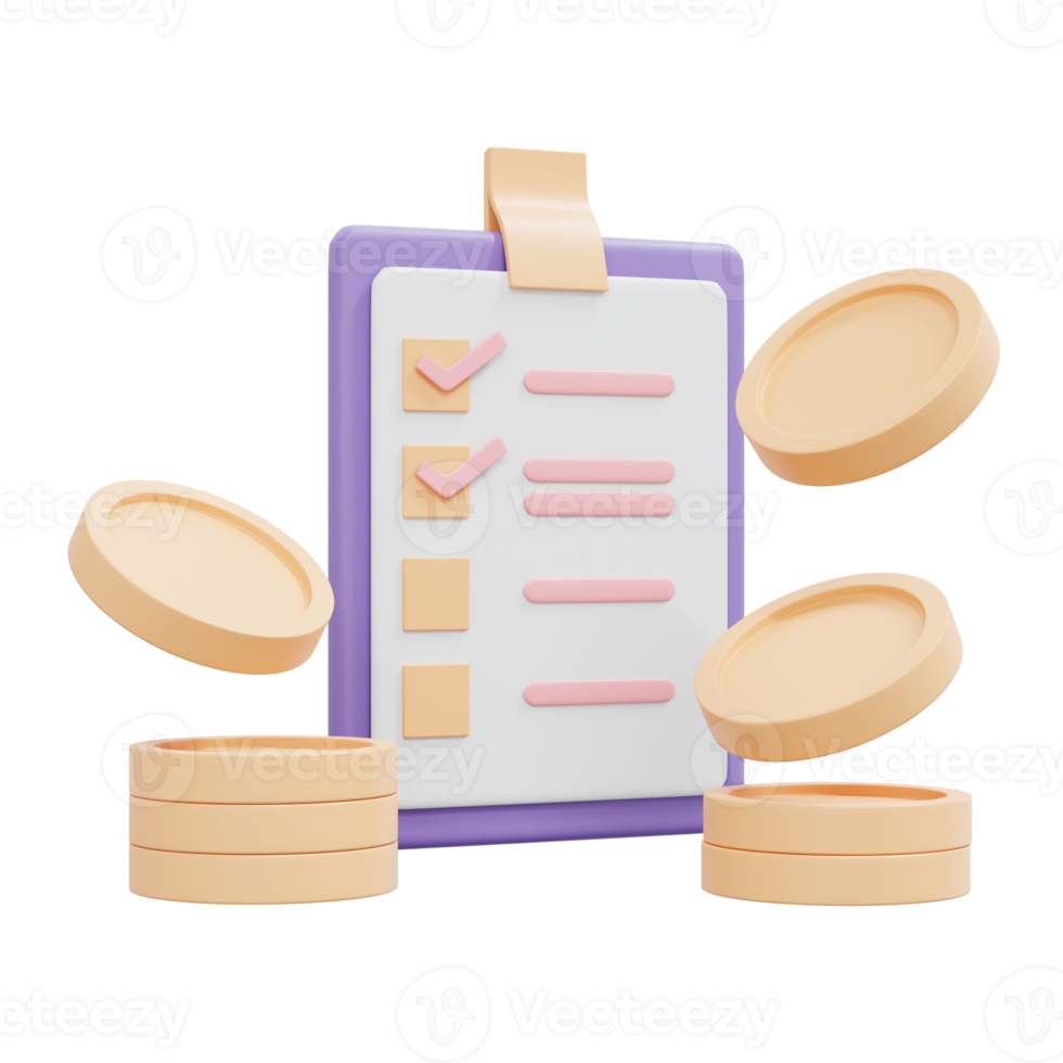 3d representación de Lista de Verificación y moneda concepto de mensual pago. 3d ilustración dibujos animados estilo. png