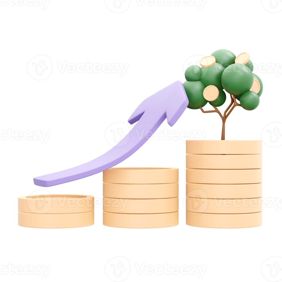 3d interpretazione di pila di moneta i soldi albero e freccia su concetto di finanziario investimento. 3d illustrazione cartone animato stile. png