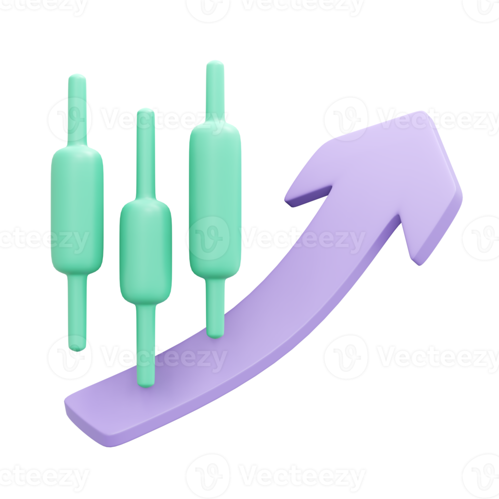 3d interpretazione di candeliere verde con moneta e freccia su concetto di finanziario investimento. 3d illustrazione cartone animato stile. png