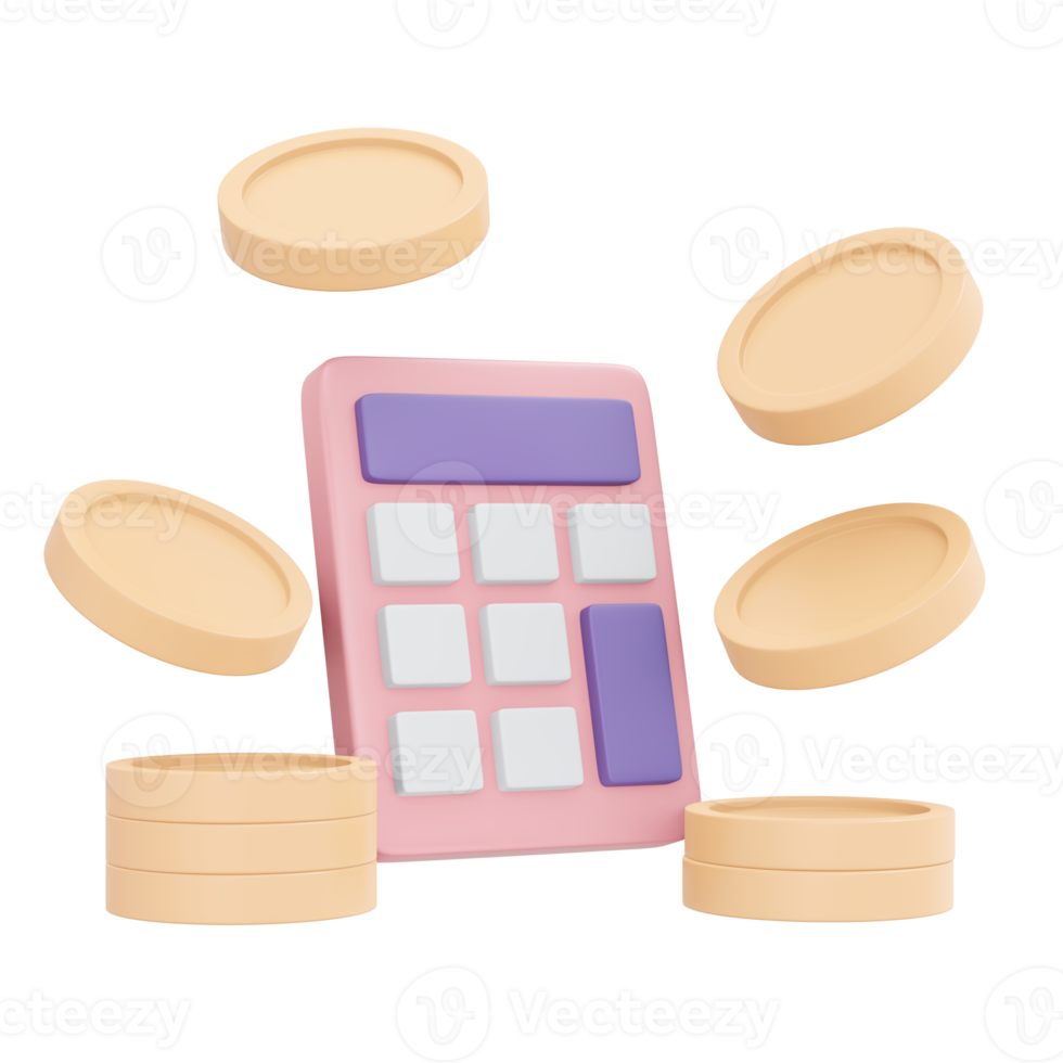 3d Rendern von Münzen und Taschenrechner Konzept von Geld Berechnung und Steuer. 3d Illustration Karikatur Stil. png