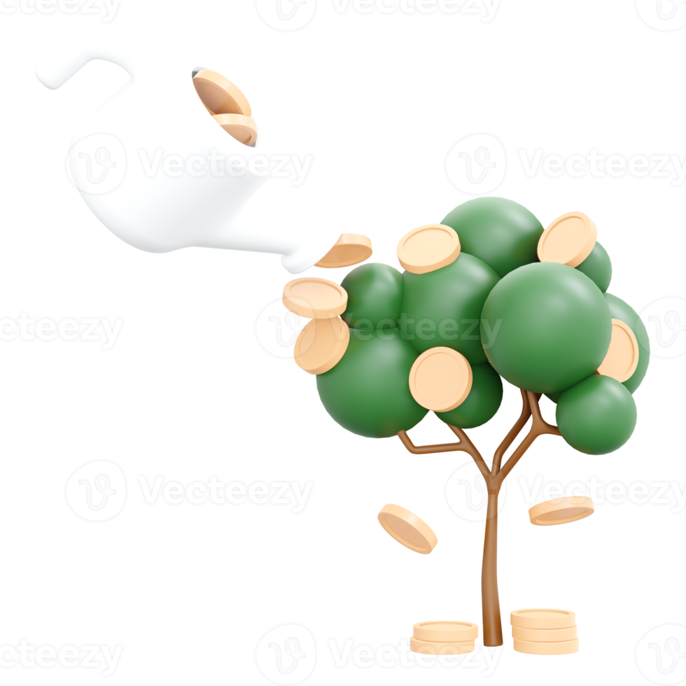 3d Rendern von Bewässerung Geld Baum Konzept von Speichern Interesse und Investition. 3d Illustration Karikatur Stil. png