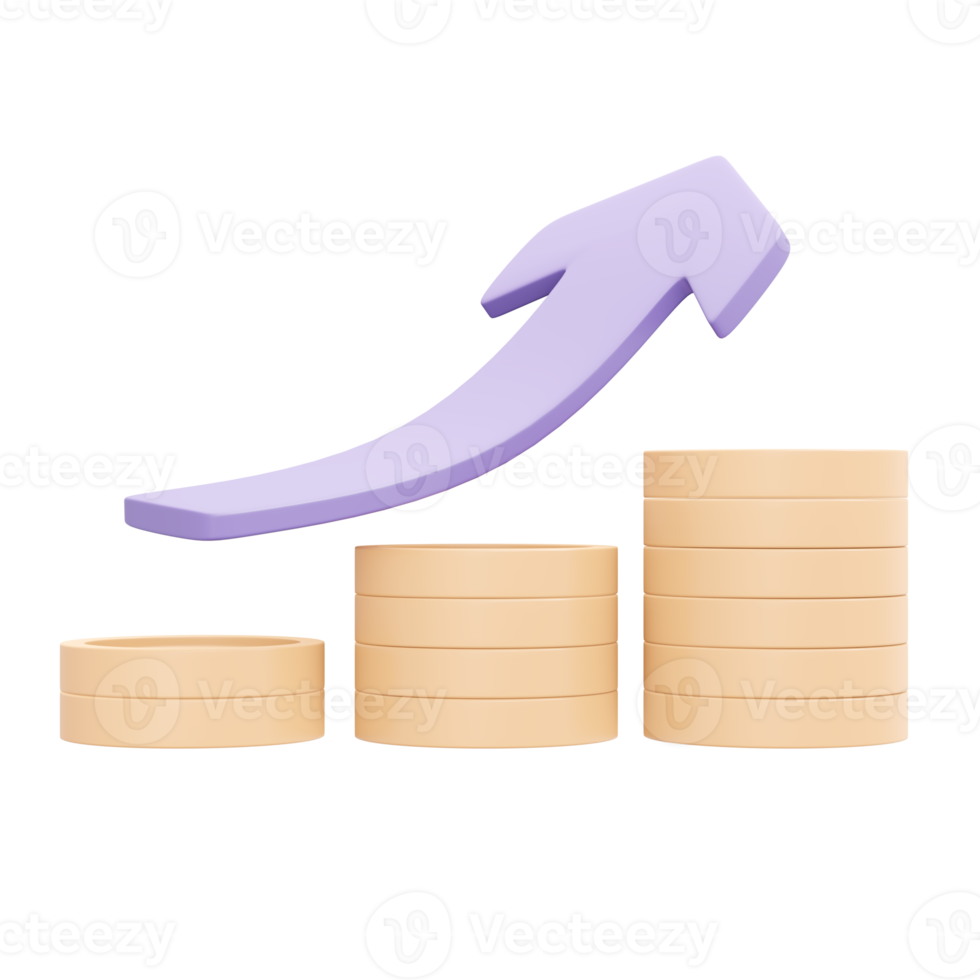 3d rendering of stack of coin and arrow up concept of financial investment. 3d illustration cartoon style. png