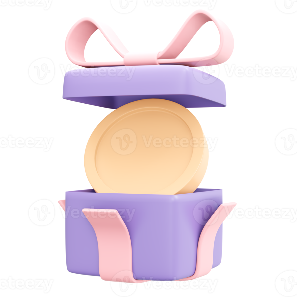 3d rendering of coin and gift box concept of financial saving bonus and donation. 3d illustration cartoon style. png