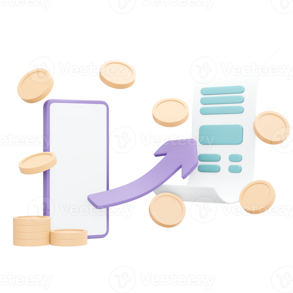 3d representación de monedas y teléfono concepto de financiero dinero pago en línea. 3d ilustración dibujos animados estilo. png
