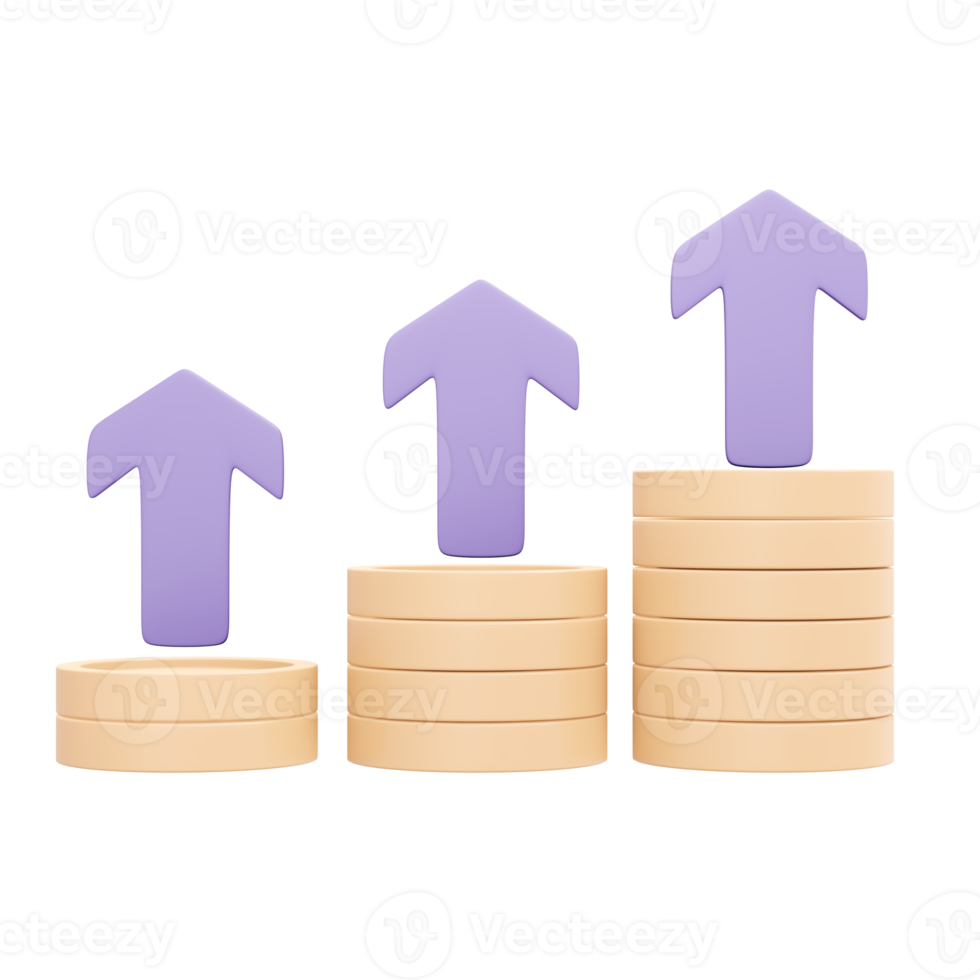 3d tolkning av stack av mynt och pil upp begrepp av finansiell investering. 3d illustration tecknad serie stil. png