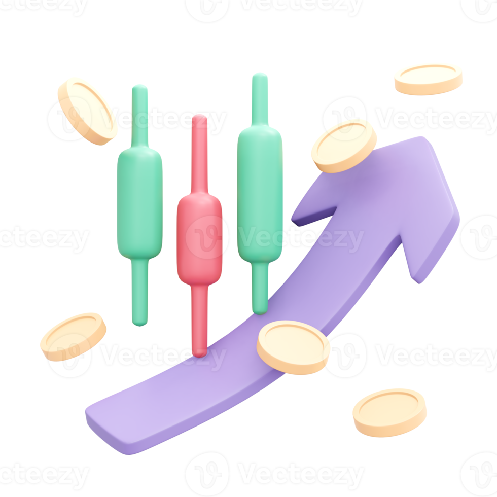 3d rendering of candlestick red and green with coin and arrow up concept of financial investment. 3d illustration cartoon style. png