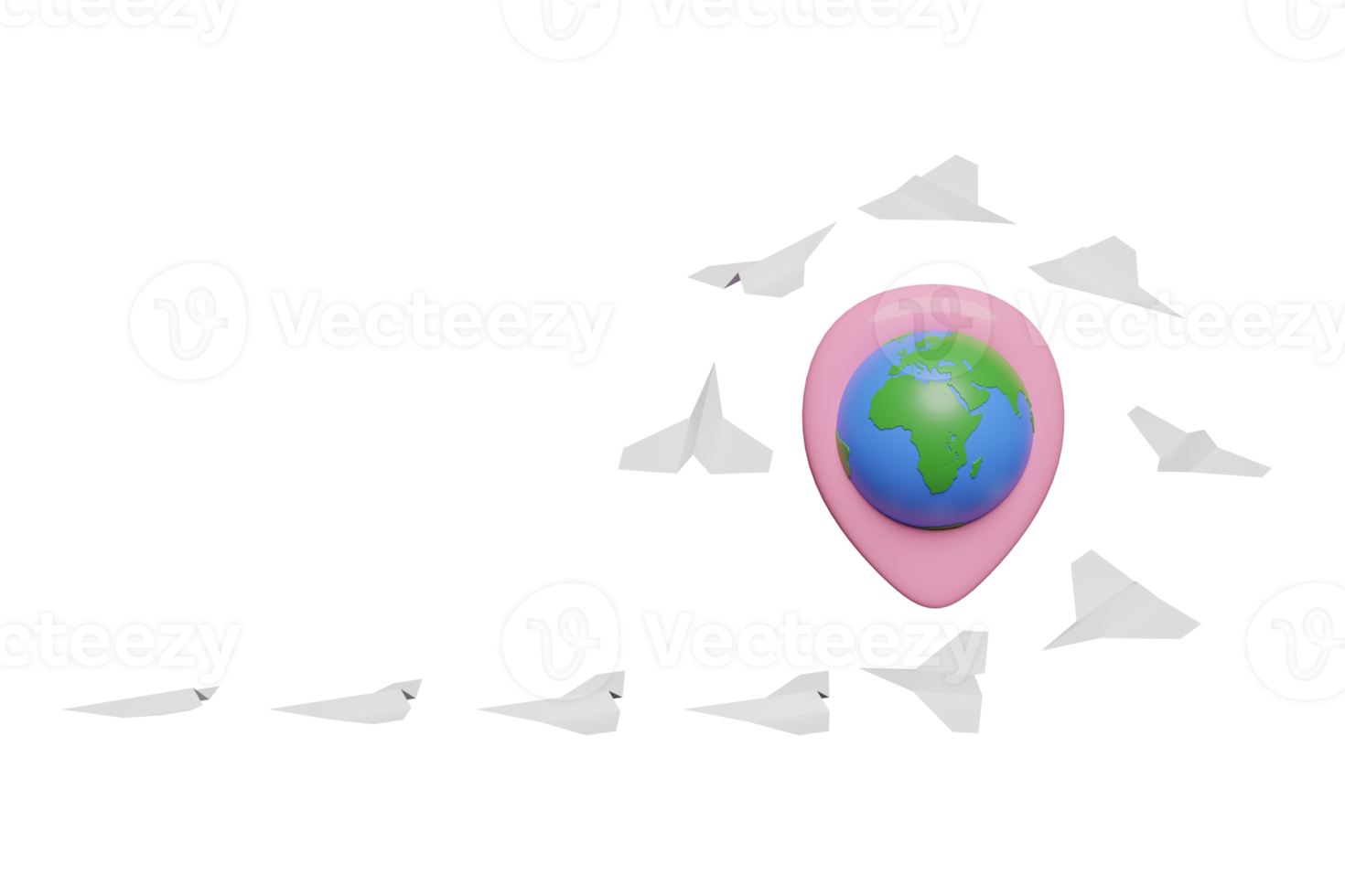 3d world map and pin with paper plane isolated. abstract background, map earth travel, air cargo trucking concept, 3d render illustration png