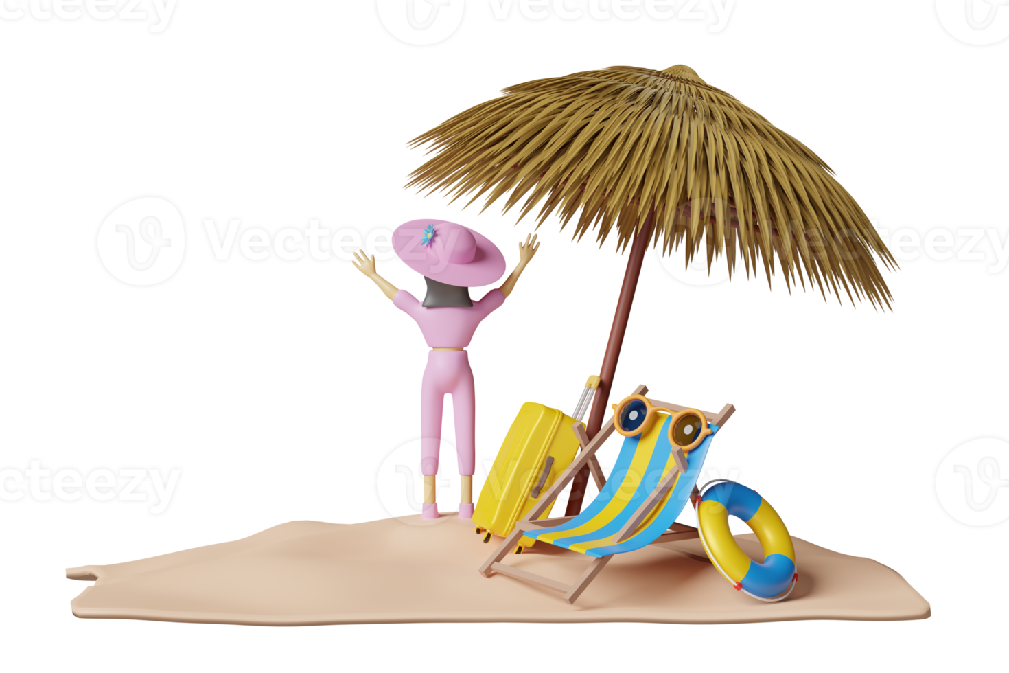 3d Character cartoon standing woman on summer beach with beach chair, yellow suitcase, lifebuoy, parasol, sea landscape background or travel concept, 3d render illustration png