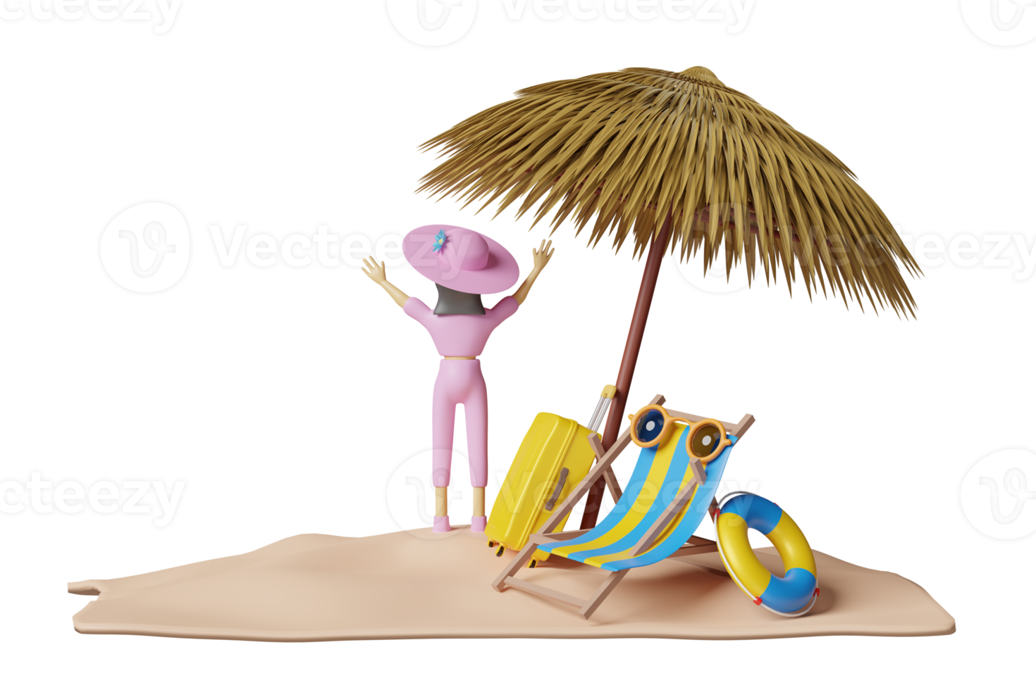 Bij zonsopgang ik ontbijt rijk Free 3d karakter tekenfilm staand vrouw Aan zomer strand met strand stoel,  geel koffer, reddingsboei, parasol, zee landschap achtergrond of reizen  concept, 3d geven illustratie 20038384 PNG with Transparent Background