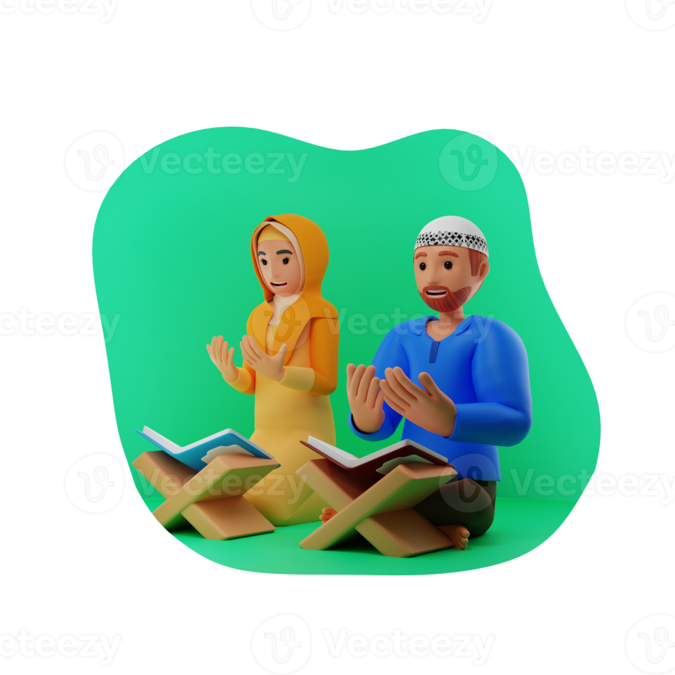 musulman couple en train de lire coran pendant Ramadan kareem 3d personnage illustration png