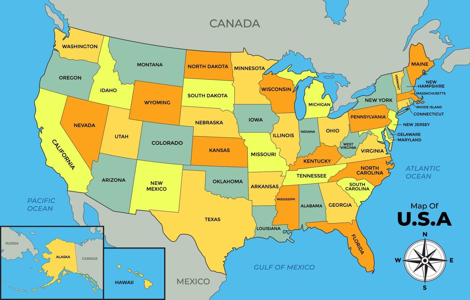 mapa de Estados Unidos con rodeando fronteras vector