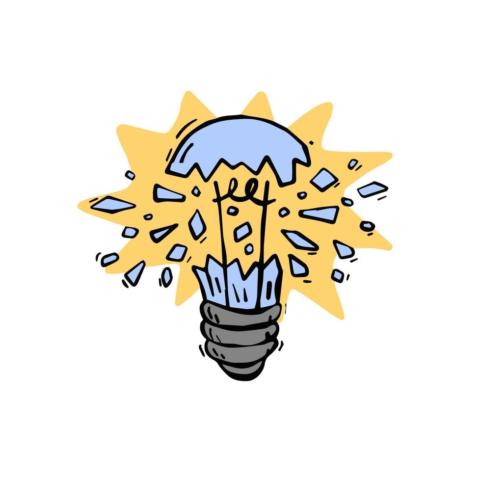 Burst light bulb. Crack in lightbulb. Sketch Shards of glass. Concept of idea and solution of problem. Doodle drawn Electric light. vector