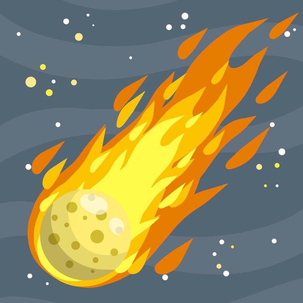 Meteor with trail of fire. Dangerous space object. Comet with tail. Celestial object. Flying in sky. Stars and astronomy. Cartoon flat illustration. Big asteroid vector