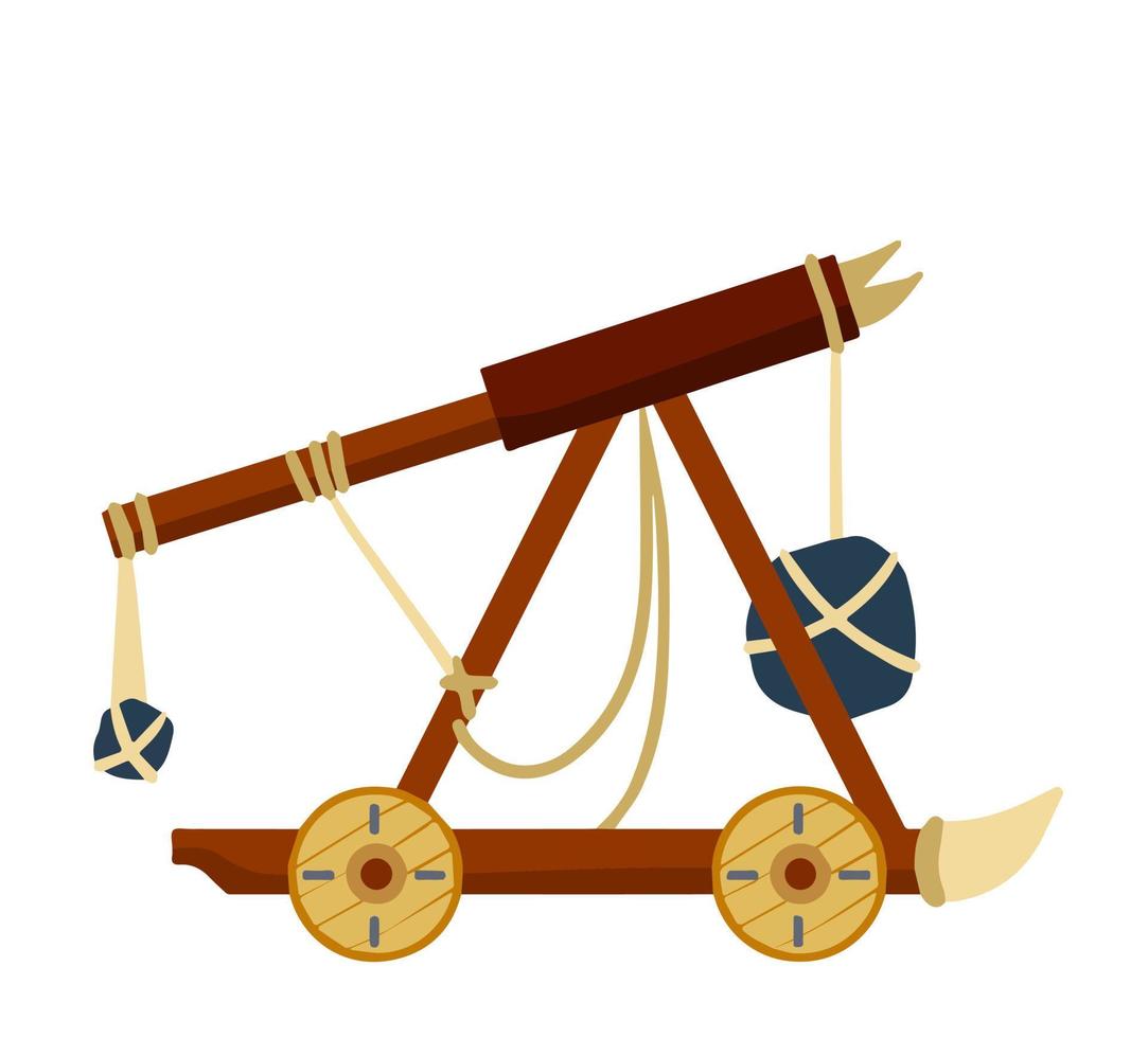 Catapult. Ancient weapons for the siege of the fortress. Wooden medieval artillery ballista. Flat cartoon vector