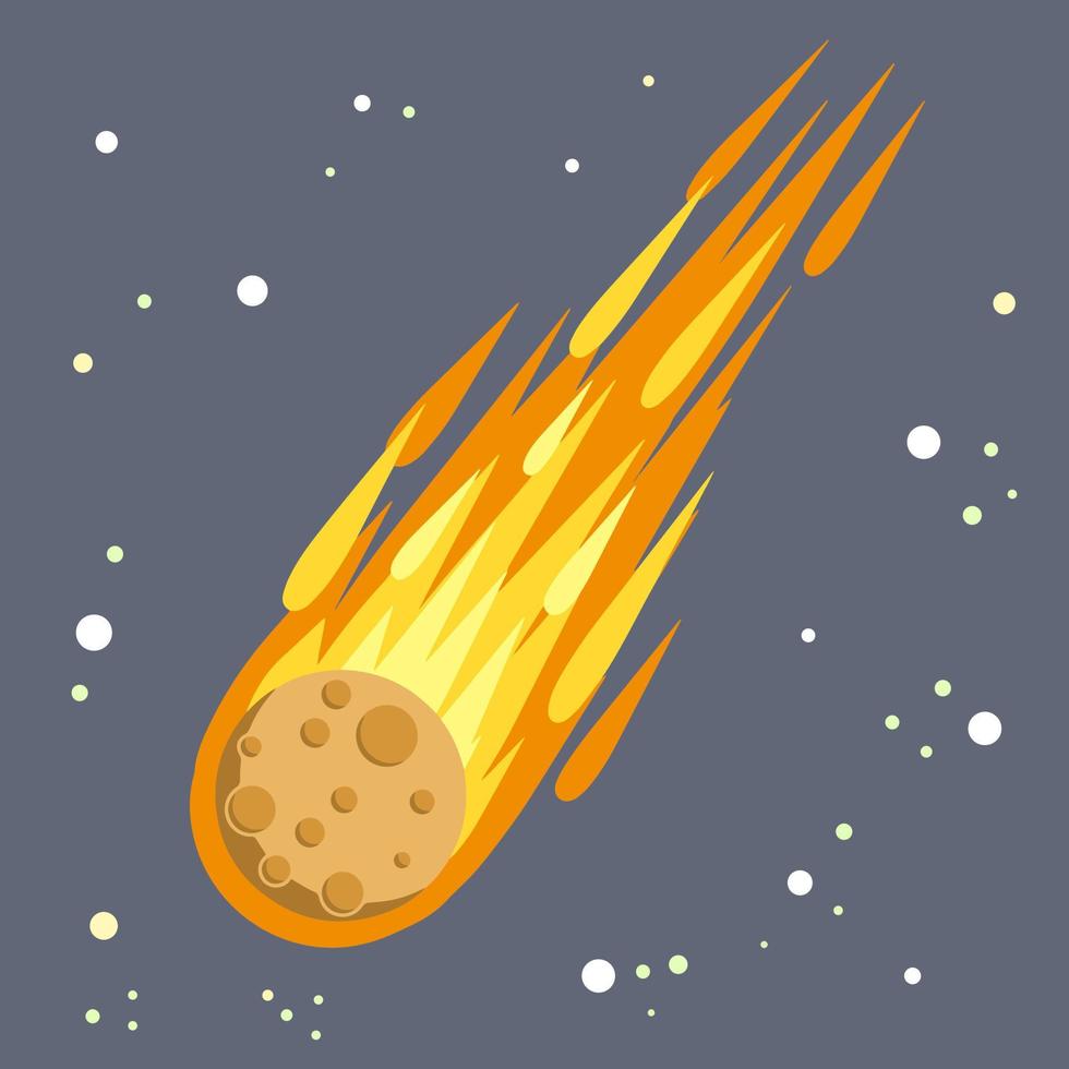 meteoro con estela de fuego. objeto espacial peligroso. cometa con cola. objeto celeste volando en el cielo. estrellas y astronomía. ilustración plana de dibujos animados. gran asteroide vector