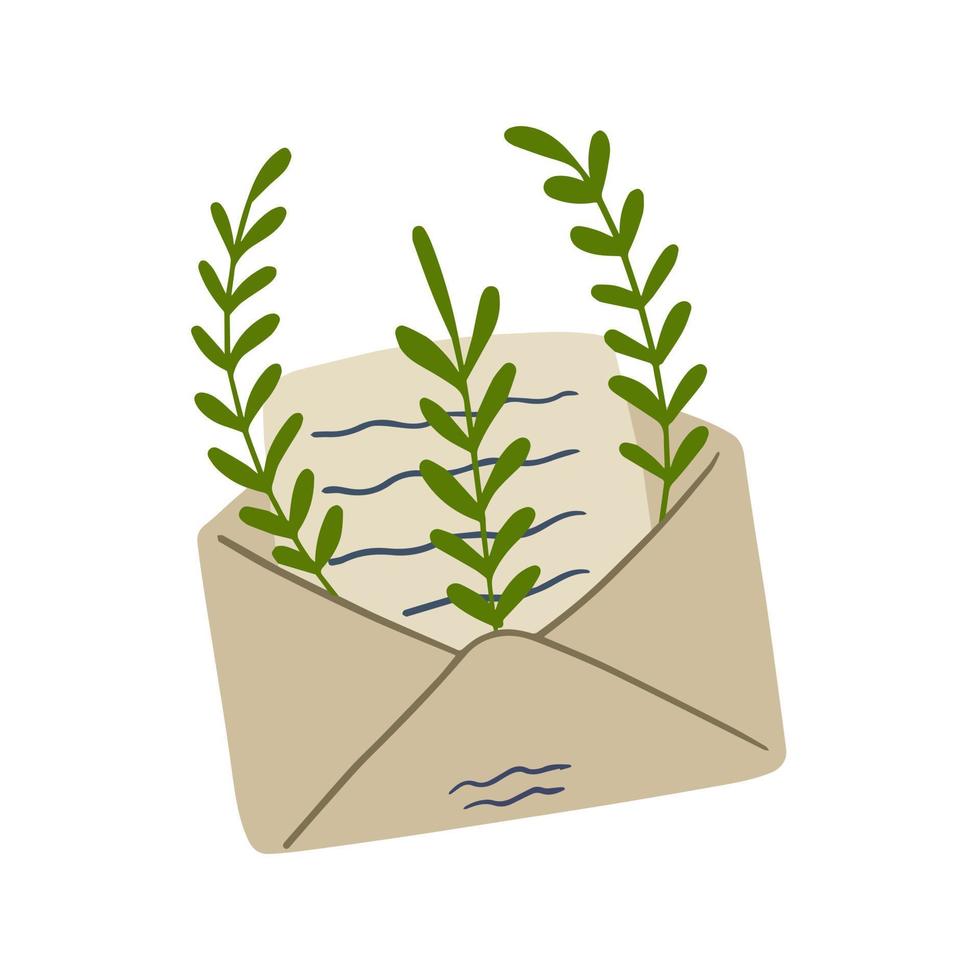 Envelope with letter in craft paper with green plant. Greetings and correspondence. Handmade sheet with mail. Postal invitation. Cartoon illustration vector