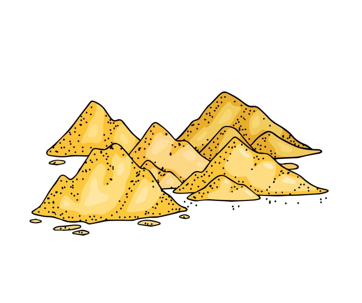 Pile of sand. Yellow Material for sandbox. Decoration of shore and the beach. Dune sketch isolated on white vector
