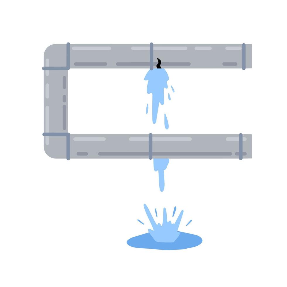 Fuga en tubería de agua. servicio de fontanero. alcantarillado y suministro de agua rotos. salpicaduras y charcos. grieta en el tubo. caricatura plana vector