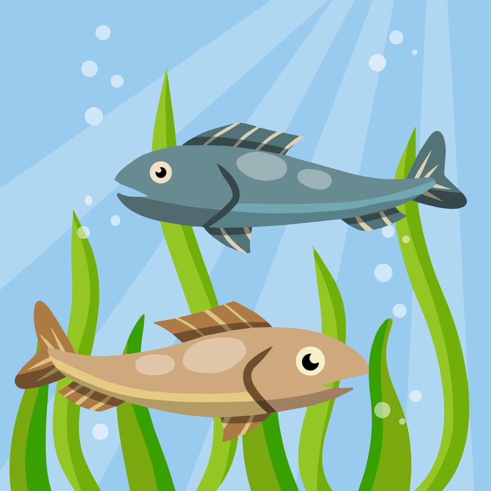 Underwater life. Water with algae. Wildlife and aquarium. Element of fishing. Cartoon flat illustration vector